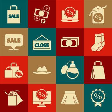 Set Discount percent tag, Paper shopping bag, Socks, Percent discount and laptop, Hanging sign with Closed, Sale, Shoping and Stacks paper money cash icon. Vector