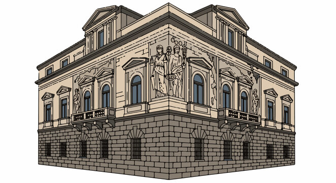 Ornate, multi-story building with classical architectural details, statues, and arched windows