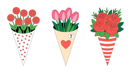 Obraz premium three illustrated bouquets in cone wrappers flowers daisies tulips roses vector flat design white background romantic celebration gifts events spring nature