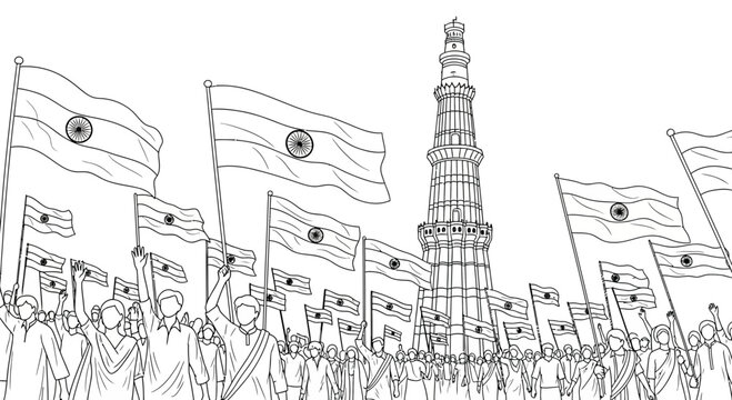 Indian Independence Day Celebration: Crowd with Flags at Qutub Minar