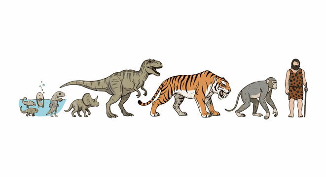 Depiction of evolutionary progression from aquatic creatures to early humans