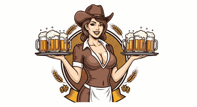A smiling woman in a cowboy hat, wearing an apron, carries trays of frothy beer mugs