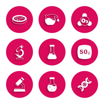 Set Test tube, DNA symbol, Sulfur dioxide SO2, Microscope, Ozone and Petri dish with bacteria icon. Vector