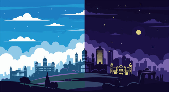 Pixel art split cityscape day vs. night, showcasing varied architecture and celestial bodies