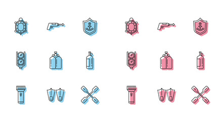 Set line Flashlight, Rubber flippers, Turtle, Paddle, Aqualung, Gauge scale and Fishing harpoon icon. Vector © Oksana