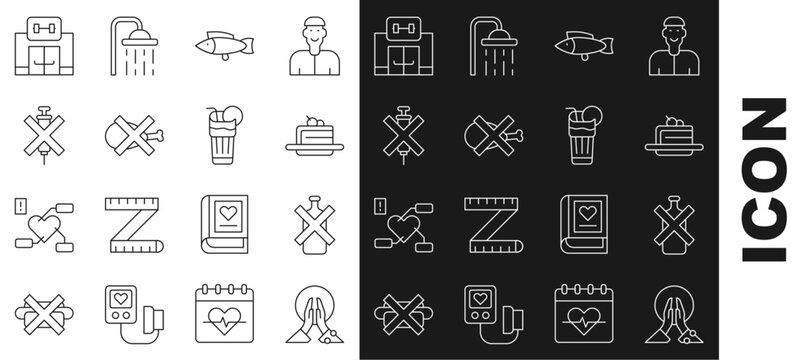 Set line Meditation, No alcohol, Cake, Fish, meat, doping syringe, Gym building and Fresh smoothie icon. Vector