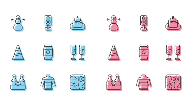 Set line Champagne bottle, Christmas sweater, snowman, Firework rocket, Beer can, Glass of champagne, Party hat and Stereo speaker icon. Vector