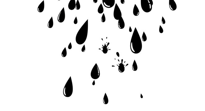 Black raindrops falling down white background.