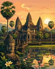 Fototapeta premium Postcard illustration of Siem Reap with Angkor-inspired temple towers, palm accents and warm sunrise colors.
