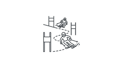 Naklejka premium Two skiers racing through slalom gates line art