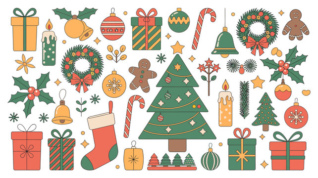 christmas holiday icons vector illustration present gift bell candle stocking wreath ornament gingerbread man candy cane tree holly star snowflake festive