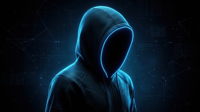 hacker silhouette rises from binary code background, Low poly hacker silhouette rises from binary code