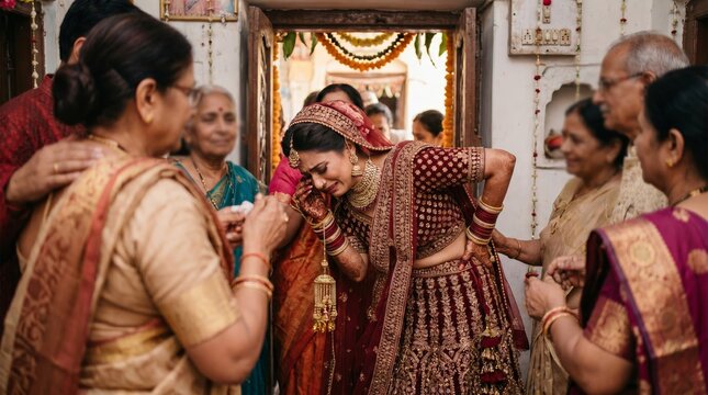Emotional Indian bride in a red lehenga crying during her wedding ceremony, surrounded by supportive family members comforting her.