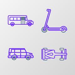 Obraz premium Set line Formula race car, Off road, Scooter and School Bus icon. Vector