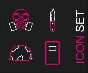 Obraz premium Set line Police assault shield, Military helmet, knife and Gas mask icon. Vector