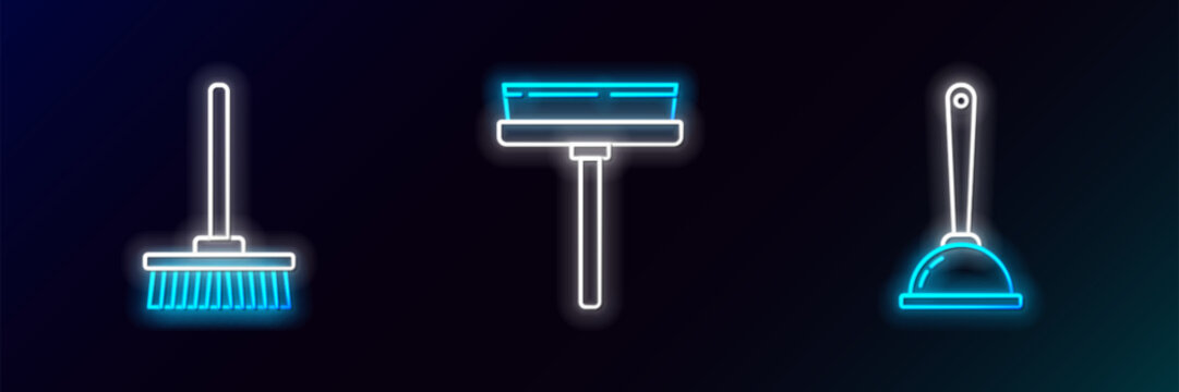 Set line Toilet plunger, Mop and Squeegee, scraper, wiper icon. Glowing neon. Vector