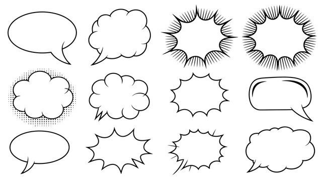 speech bubbles line art dialogue balloon comic strip black white vector illustration graphic design communication expression talk message conversation empty template