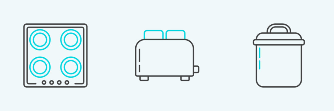 Set line Cooking pot, Gas stove and Toaster with toasts icon. Vector
