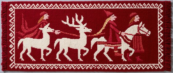 Fototapeta premium This charming textile artwork depicts a festive scene with reindeer pulling a sleigh, styled in vibrant colors, evoking a sense of tradition and holiday spirit.