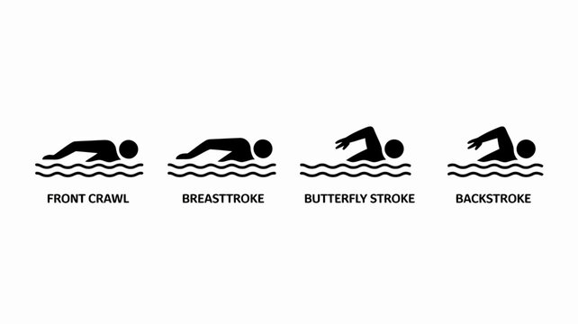swimming strokes silhouettes on white background front crawl breaststroke butterfly stroke backstroke swimmer black icon vector illustration fitness sports activity water