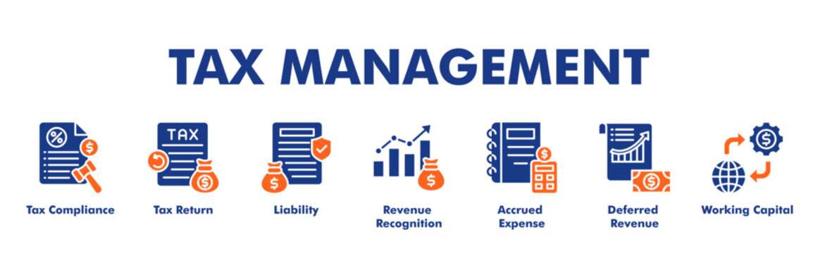 TAX MANAGEMENT web banner icon vector illustration concept for business with icon of Tax Compliance, Tax Return, Liability, Revenue Recognition, Accrued Expense, Deferred Revenue, Working Capital