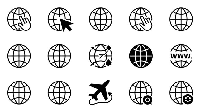 globe icons set vector earth world map internet web navigation travel global connection communication network symbol sign pointer arrow plane airplane