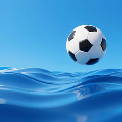 Naklejka premium Soccer ball flying over clean blue glossy water waves with sky background