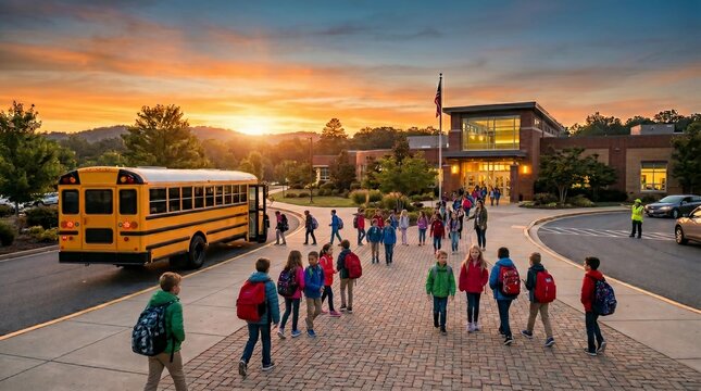 School Children Arriving at Campus by School Bus on a Sunny Morning