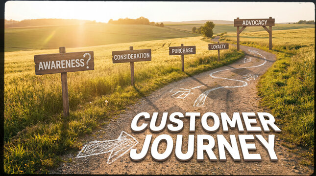 Customer journey path with signage showing awareness, consideration, purchase, loyalty, and advocacy stages in marketing