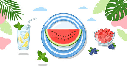 Fresh watermelon slice on plate with lemonade and berry bowl. ©  Miftah Mubarok