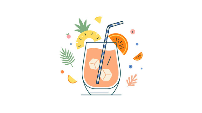 Fresh Tropical Fruit Cocktail with Ice Cubes and Straw.