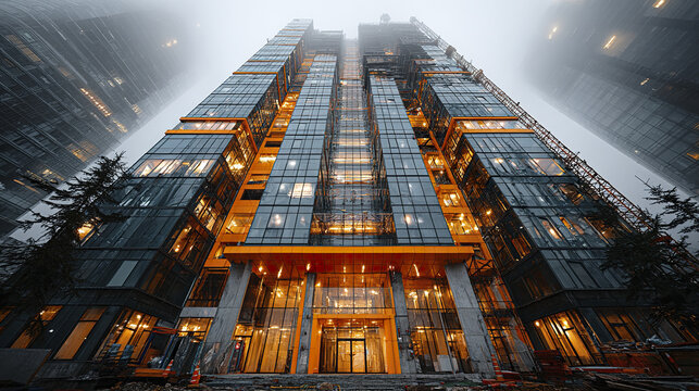 Modern office building with glass facade and steel framework illuminated at dusk, surrounded by fog and adjacent skyscrapers, creating dramatic urban atmosphere
