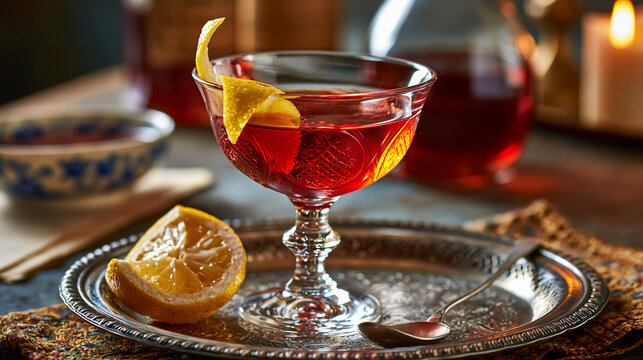 Red bitter cocktail in an elegant coupe glass garnished with a lemon twist on a silver tray