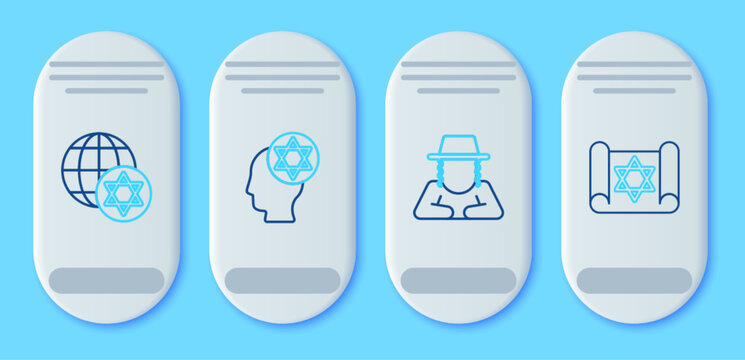 Set line Orthodox jewish hat, World Globe and Israel and Torah scroll icon. Vector
