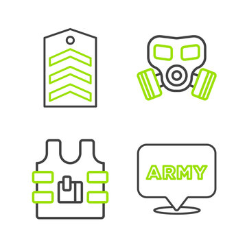 Set line Military army, Bulletproof vest, Gas mask and Chevron icon. Vector