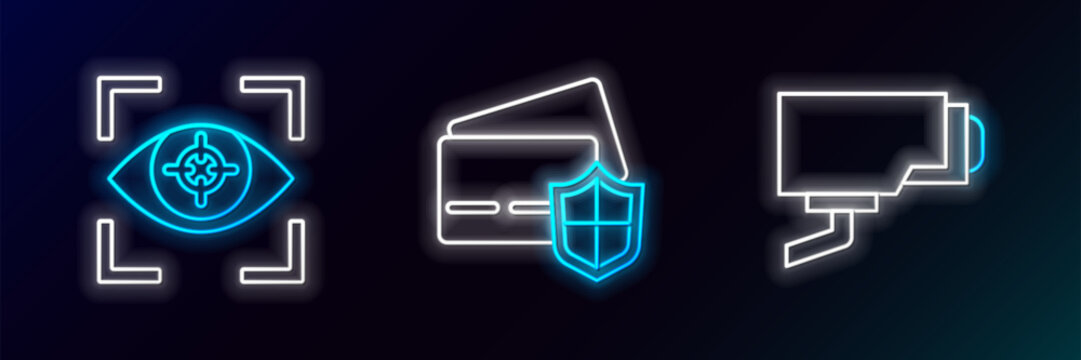 Set line Security camera, Eye scan and Credit card with shield icon. Glowing neon. Vector
