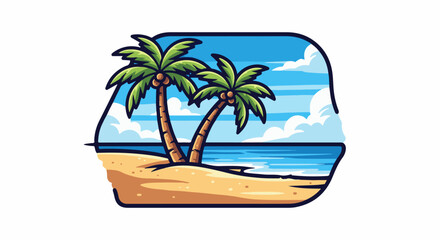 Obraz premium Two palm trees sway over a sandy beach, with blue ocean and cloudy sky in background