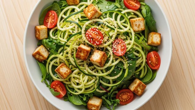 Healthy zucchini noodle salad with tofu and cherry tomatoes.
