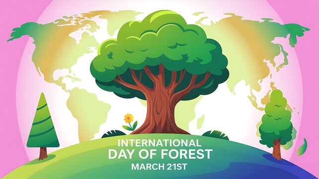 International day of forest celebration with world map and green tree illustration save earth trees planting