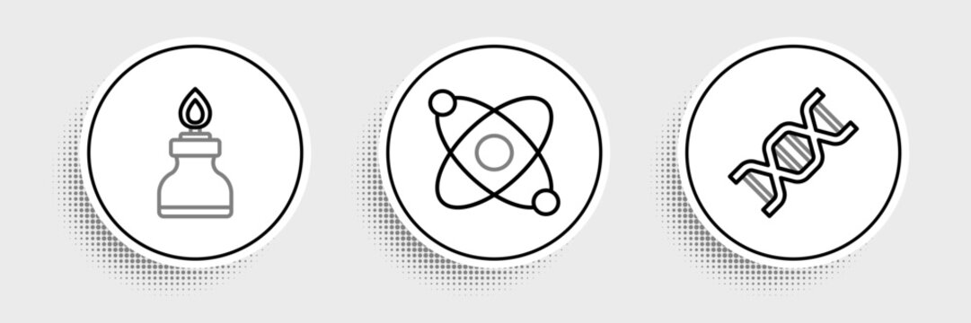Set line DNA symbol, Alcohol or spirit burner and Atom icon. Vector