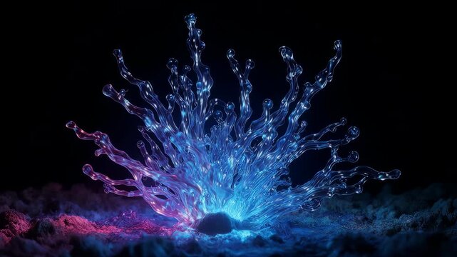 Complex branching translucent fluid in magenta and blue forming a bioluminescent abstract microbe