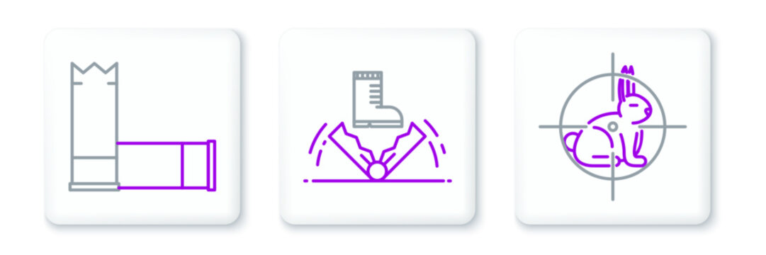 Set line Hunt on rabbit with crosshairs, Cartridges and Trap hunting icon. Vector
