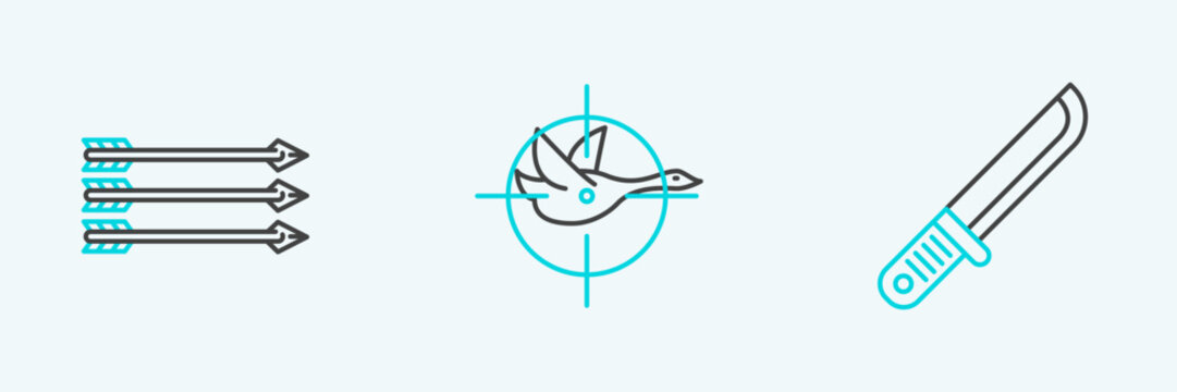 Set line Hunter knife, Hipster arrows and on duck with crosshairs icon. Vector