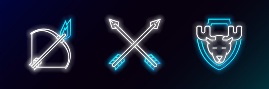 Set line Moose head on shield, Bow and fire arrow and Crossed arrows icon. Glowing neon. Vector