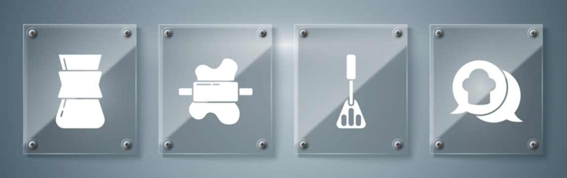 Set Chef hat in speech bubble, Spatula, Rolling pin on dough and Coffee turk. Square glass panels. Vector