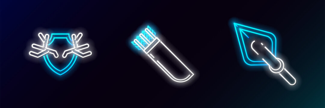 Set line Hipster arrow tip, Deer antlers on shield and Quiver with arrows icon. Glowing neon. Vector