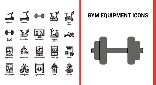 Vector icons for gym equipment, fitness apps, and workout tracking systems.