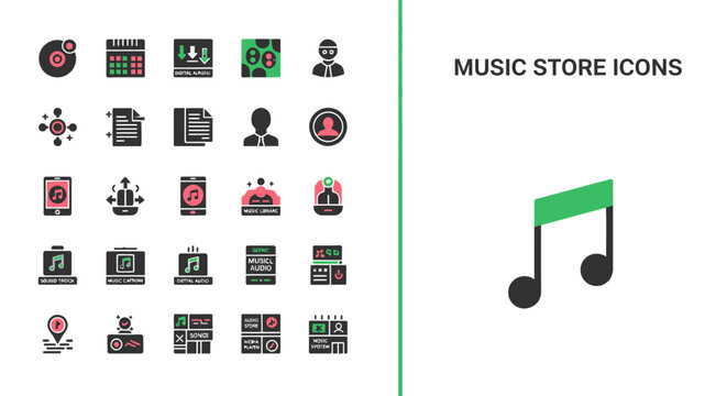 Set of music store and digital audio player icons in a flat style