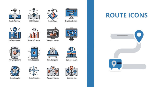 Set of route planning and GPS navigation logistics icons for transport and delivery systems