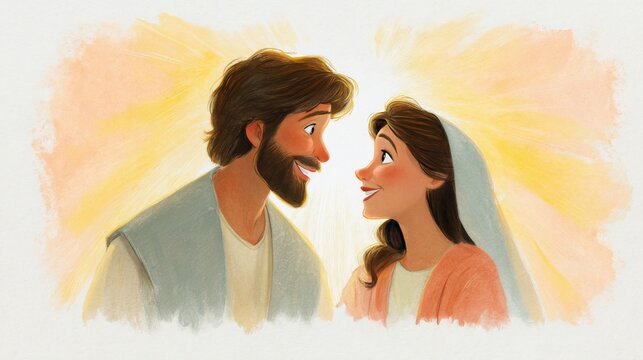 Soft watercolor illustration of abraham and sarah smiling with radiant light for religious storybook background and poster design